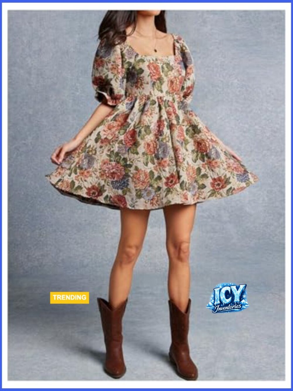 Women's Floral Square Neck Ruffle Short Dress Puff Sleeve Smocked A-Line - Picture 5 of 5
